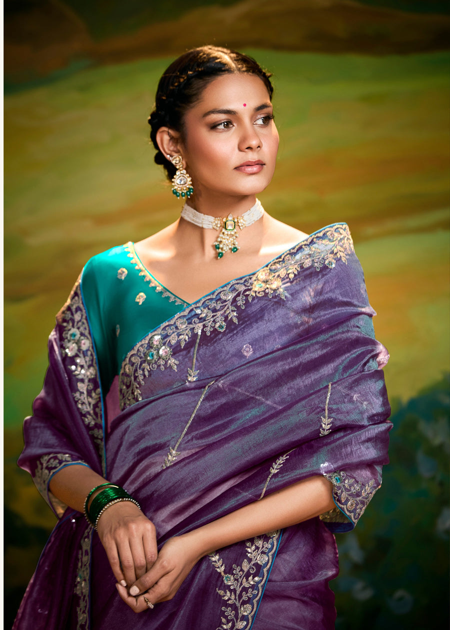 Crushed Satin Tissue Purple Embroidered Saree & Contrast Green Blouse