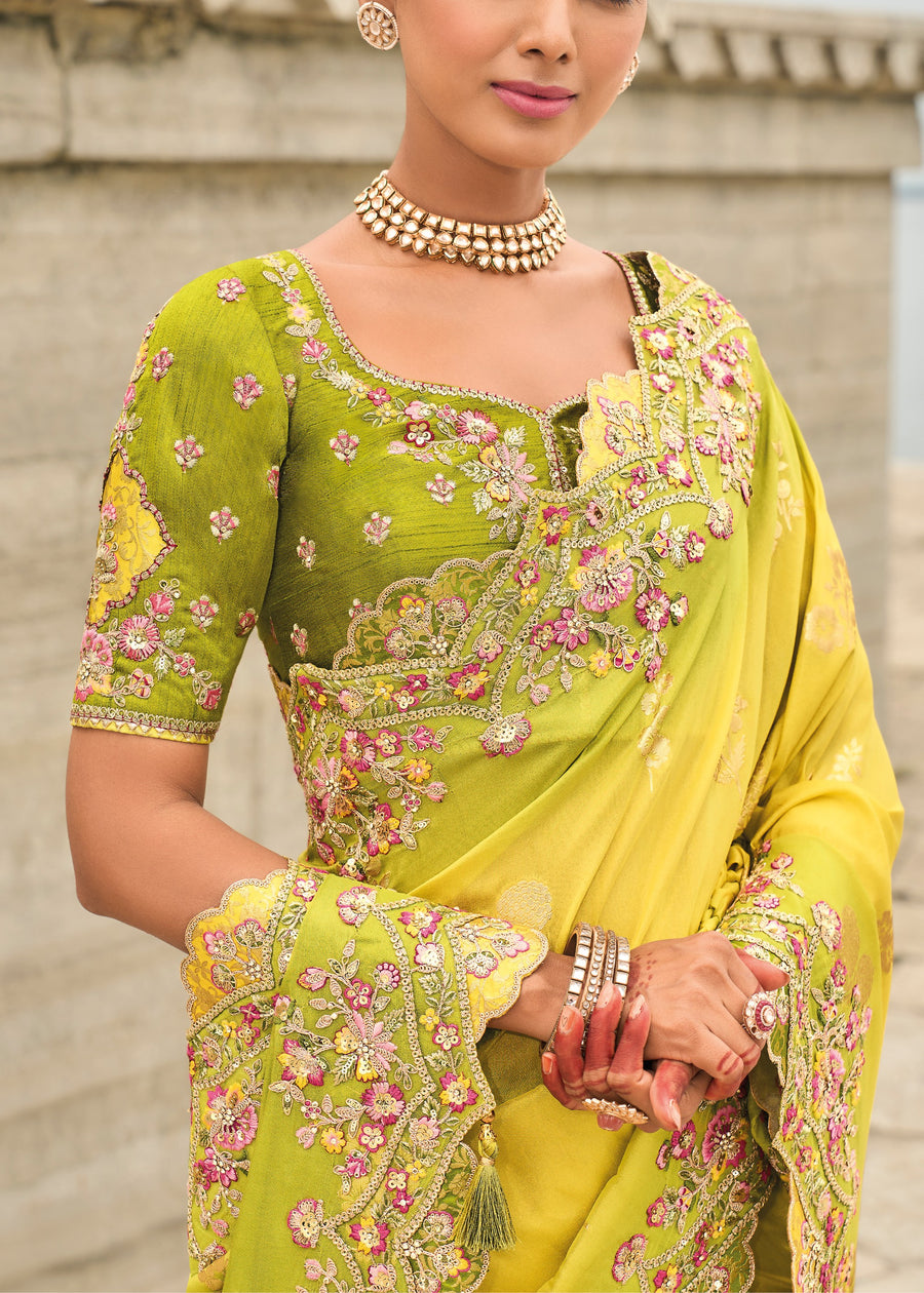 Banarasi Viscose Tissue Silk Yellow & Green Ombre Handloom Embroidered Saree With Cut Work Border