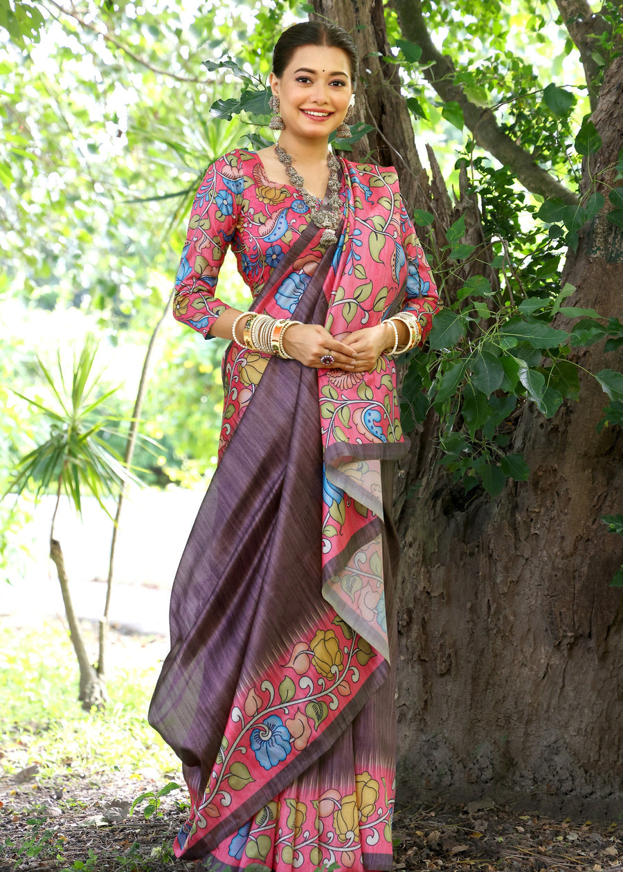 Brown & Red Cotton Silk Kalamkari Saree