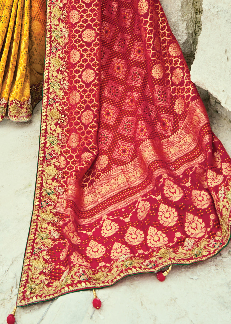 Yellow Orange & Red Multicolor Khaddi Georgette Embroidered Bandhani Saree