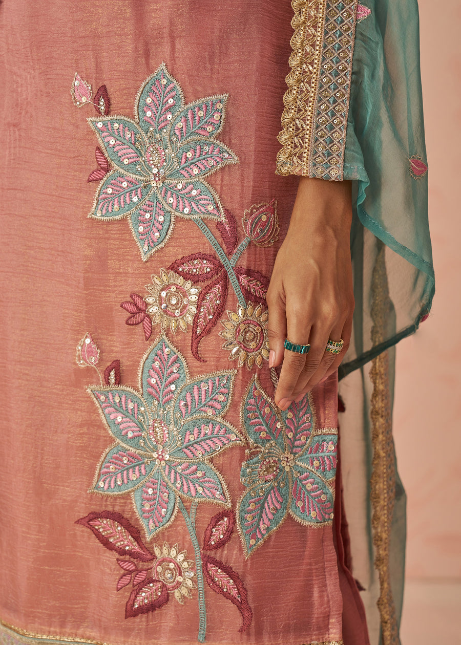 Peach Readymade Crushed Silk Pant Style Suit Set