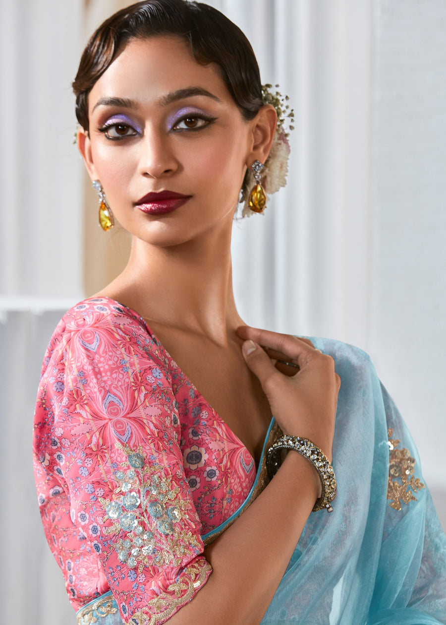 Pastel Blue Organza Tissue Silk Embroidered Saree & Pink Printed Blouse