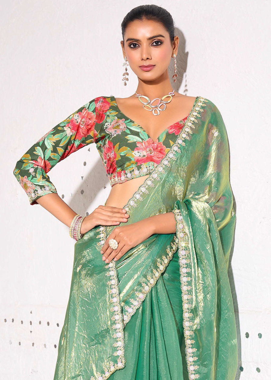 Crushed Tissue Sea Green Embroidered Saree & Printed Blouse