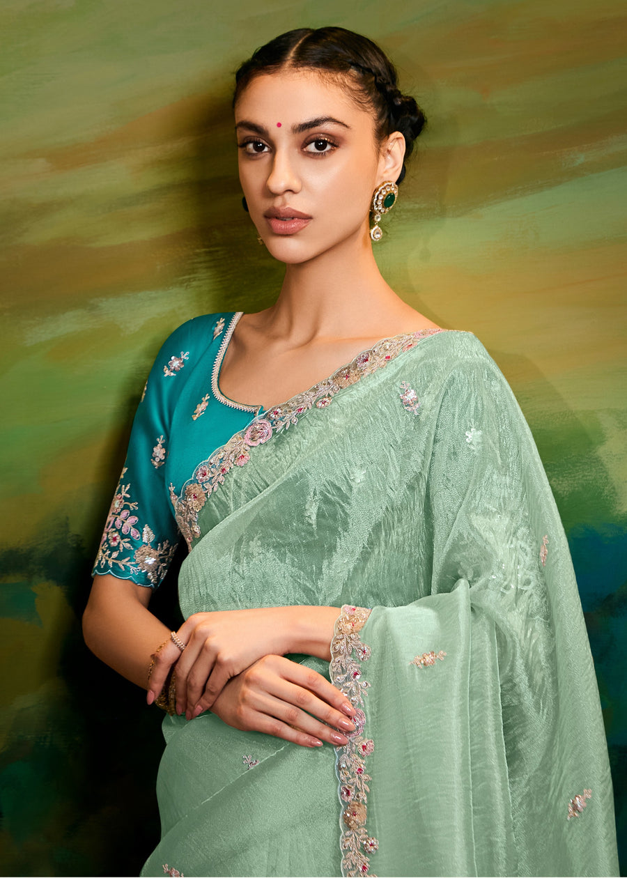 Crushed Satin Tissue Mint Green Embroidered Saree & Contrast Blouse