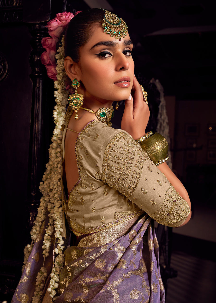 Banarasi Tissue Silk Purple Handloom Saree & Contrast Beige Embroidered Blouse