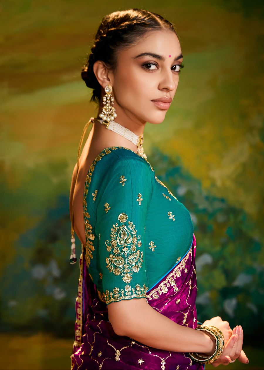 Satin Tissue Magenta Pink Embroidered Saree & Jade Green Blouse