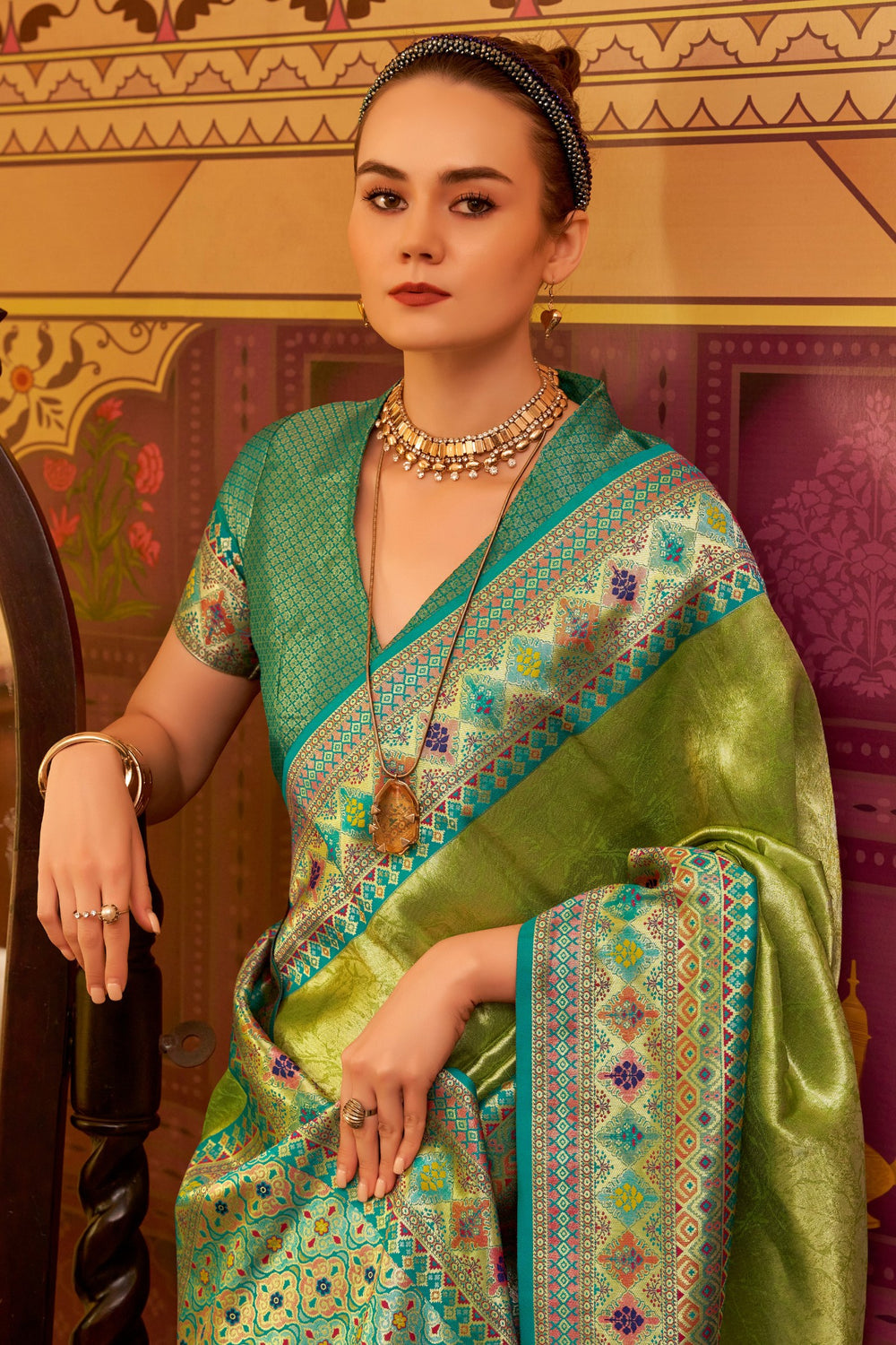 Green Banarasi Tissue Silk Multicolor Weaving Border Saree