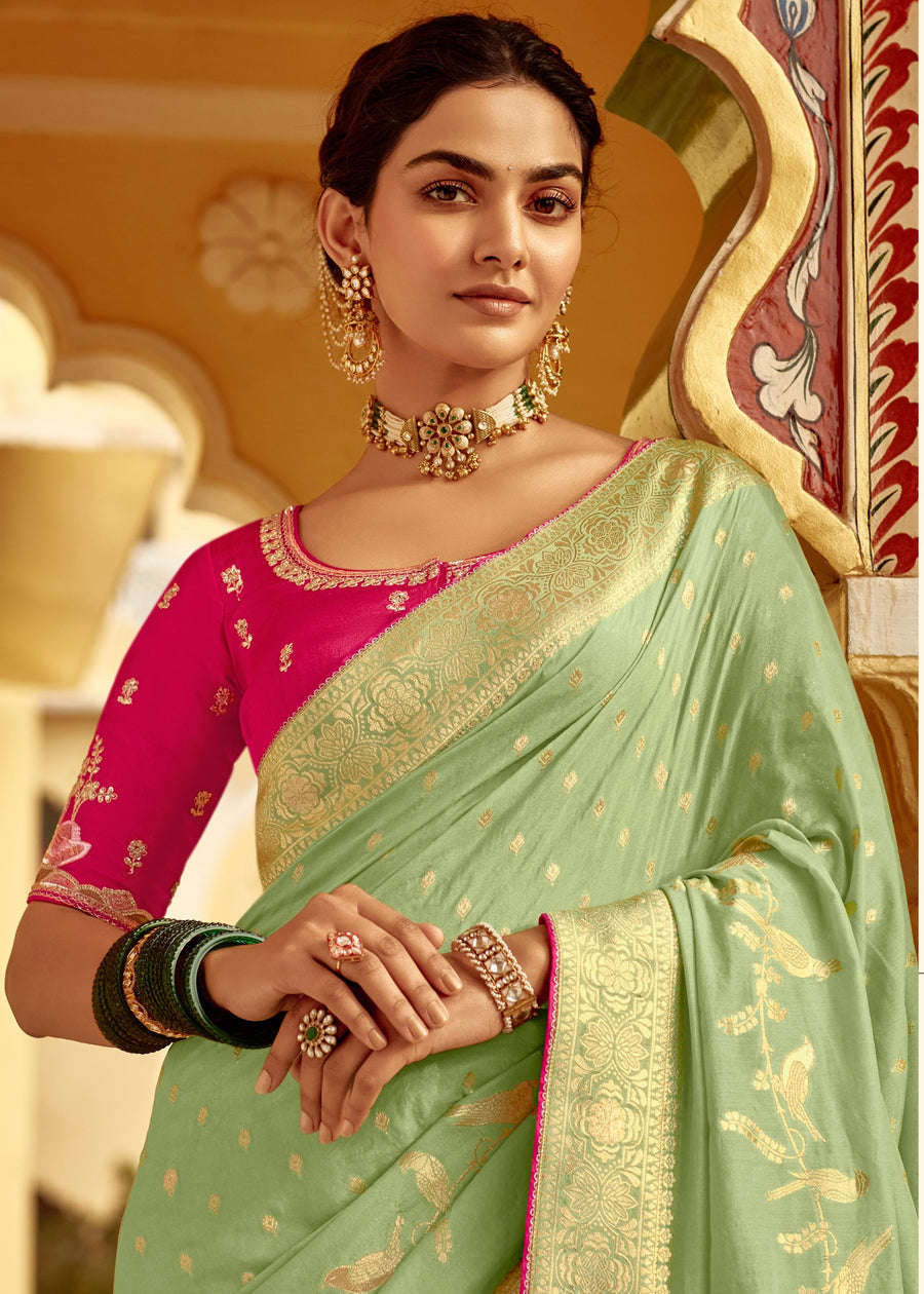 Dola Banarasi Silk Pista Green Saree With Contrast Red Embroidered Blouse