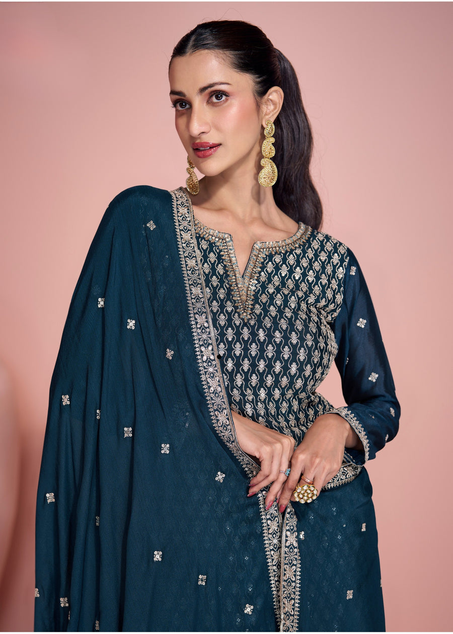 Peacock Blue Readymade Ombre Chinon Silk Sharara Suit Set