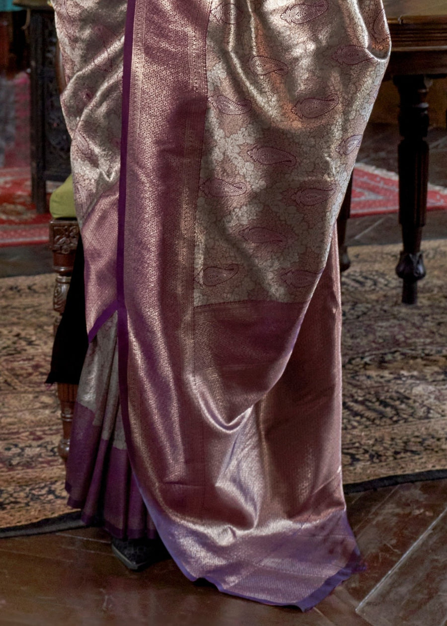 Silver & Wine Violet Zari Work Handloom Weaving Kanjivaram Silk Saree