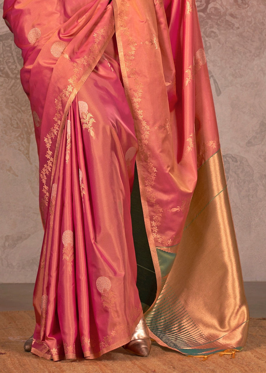 Soft Handloom Banarasi Silk Pinkish Peach Saree With Contrast Green Blouse
