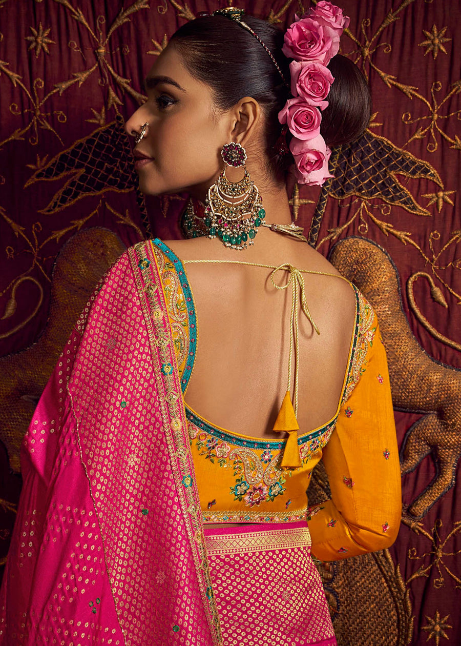 Banarasi Dola Silk Hot Pink Handloom Saree & Contrast Yellow Embroidered Blouse