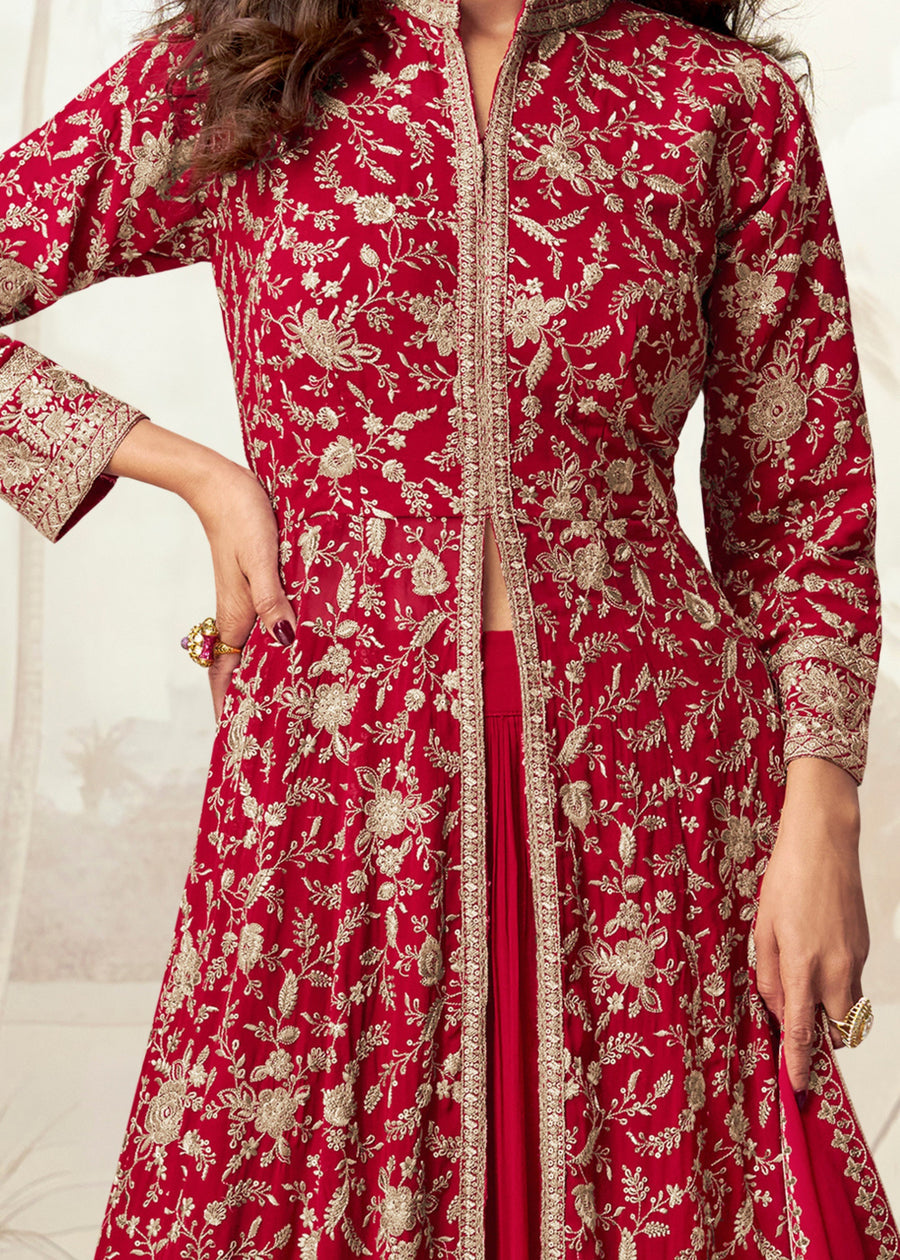Red Readymade Jacket Style Anarkali Georgette Suit Set