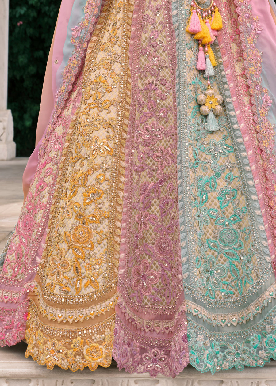 Pink, Blue & Yellow Embroidered Silk Lehenga Choli