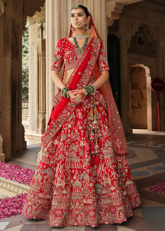 Red Silk Bridal Lehenga Choli with Zari Work