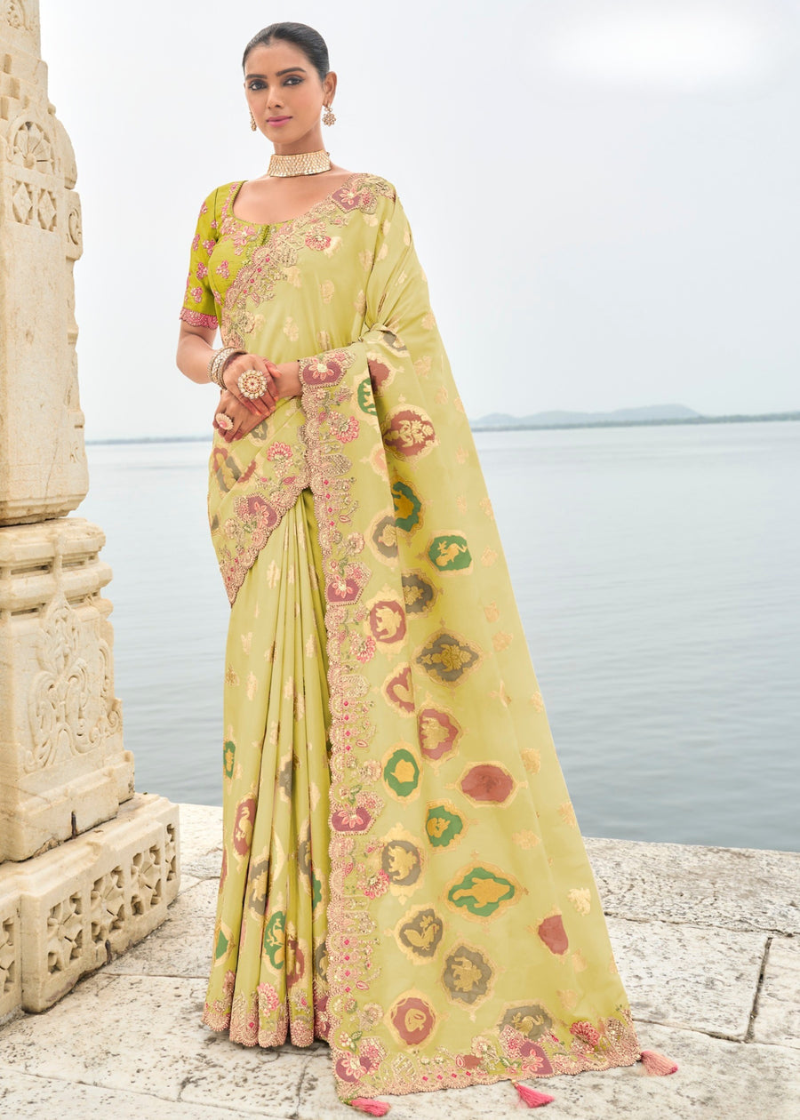 Banarasi Viscose Tissue Silk Off White Handloom Embroidered Saree With Cut Work Border
