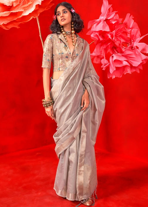 Grey Banarasi Tissue Silk Handloom Weaving Saree