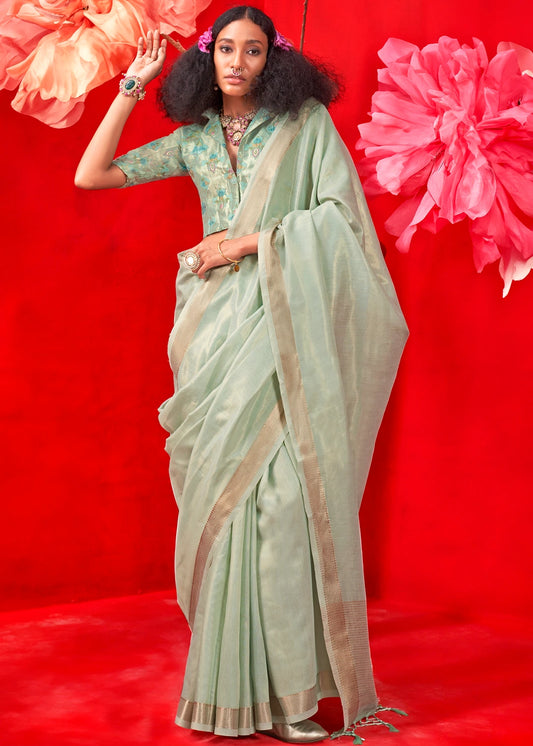 Ocean Green Banarasi Tissue Silk Handloom Weaving Saree