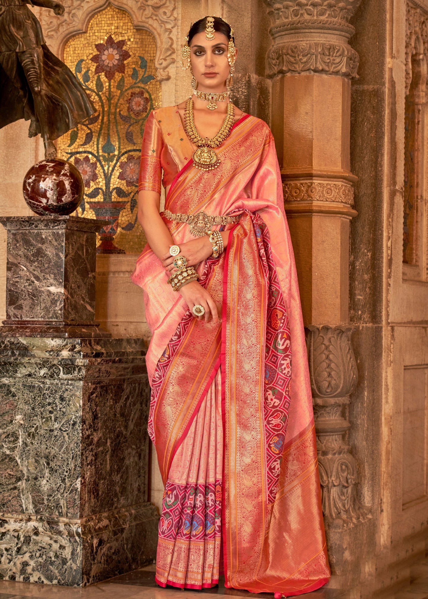 Kanjivaram Patola Fusion Light Pink Handloom Silk Saree