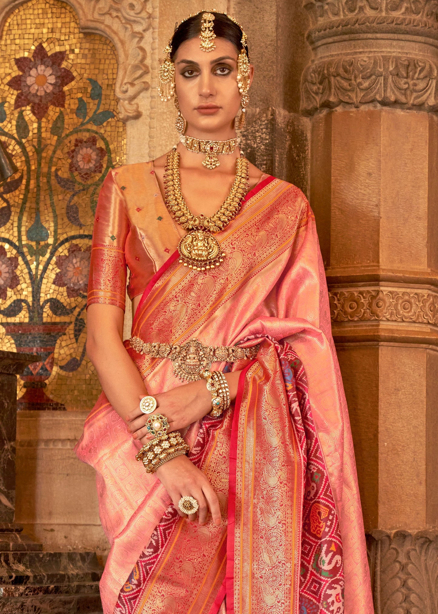 Kanjivaram Patola Fusion Light Pink Handloom Silk Saree