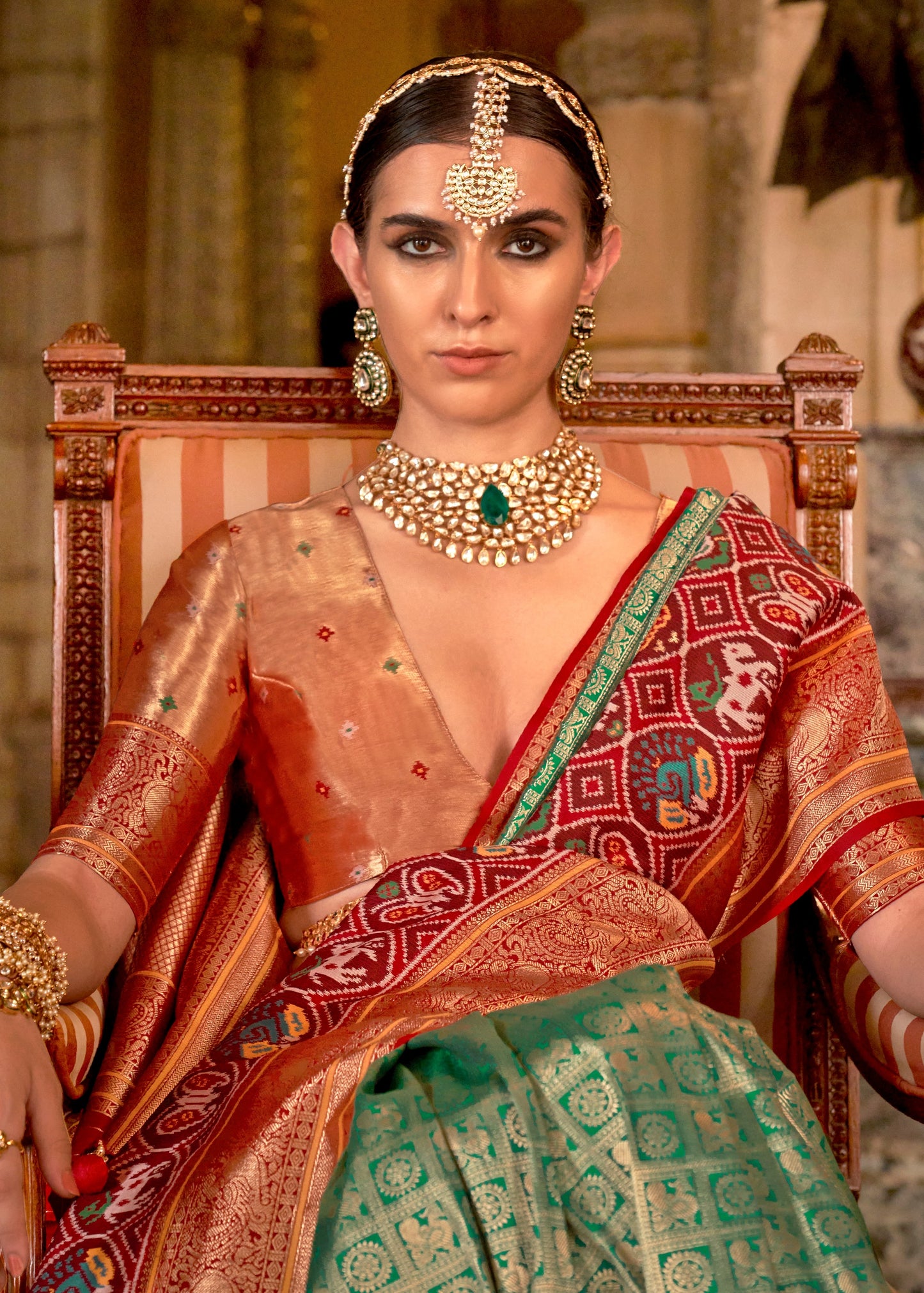 Kanjivaram Patola Fusion Emerald Green Handloom Silk Saree