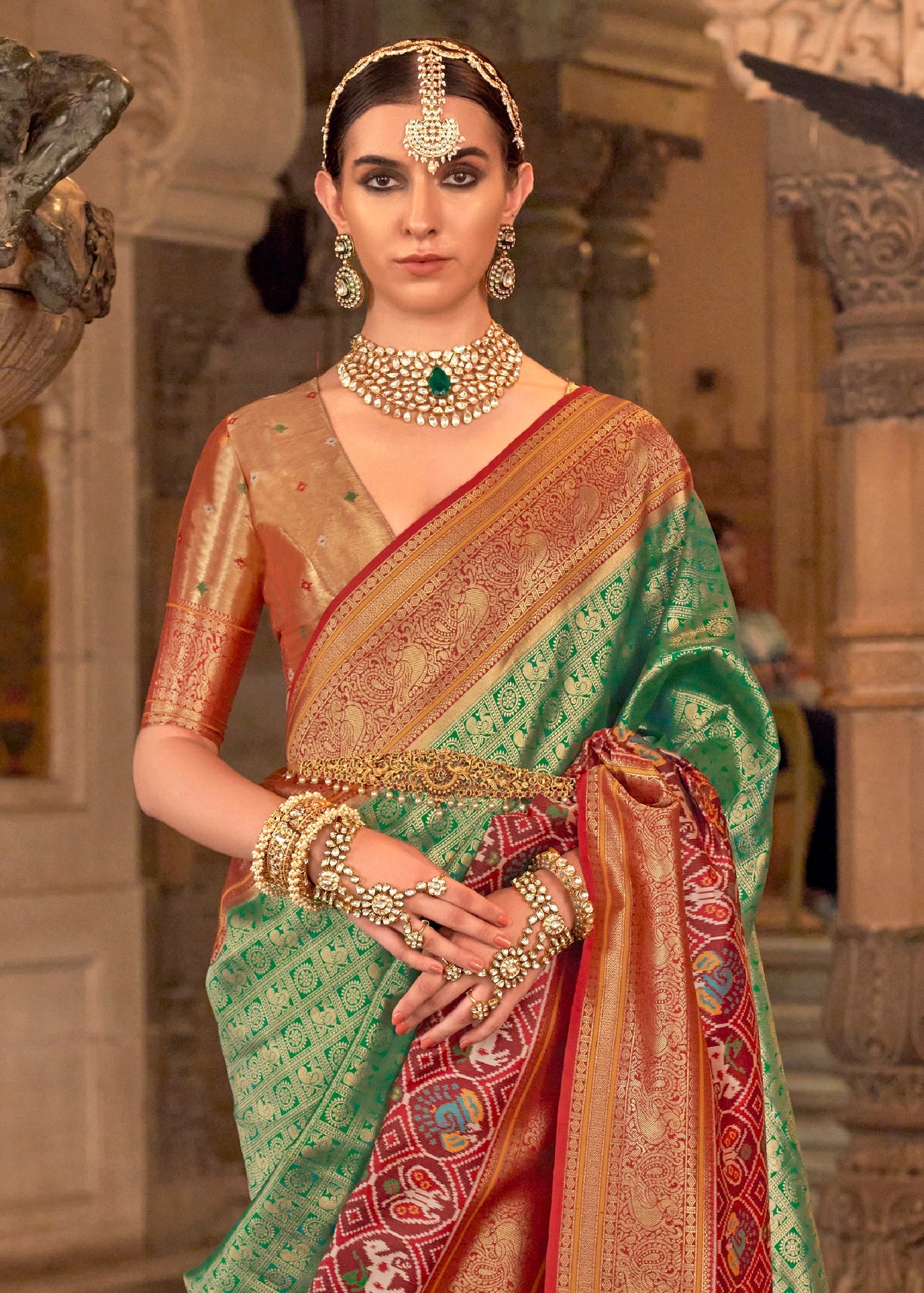 Kanjivaram Patola Fusion Emerald Green Handloom Silk Saree
