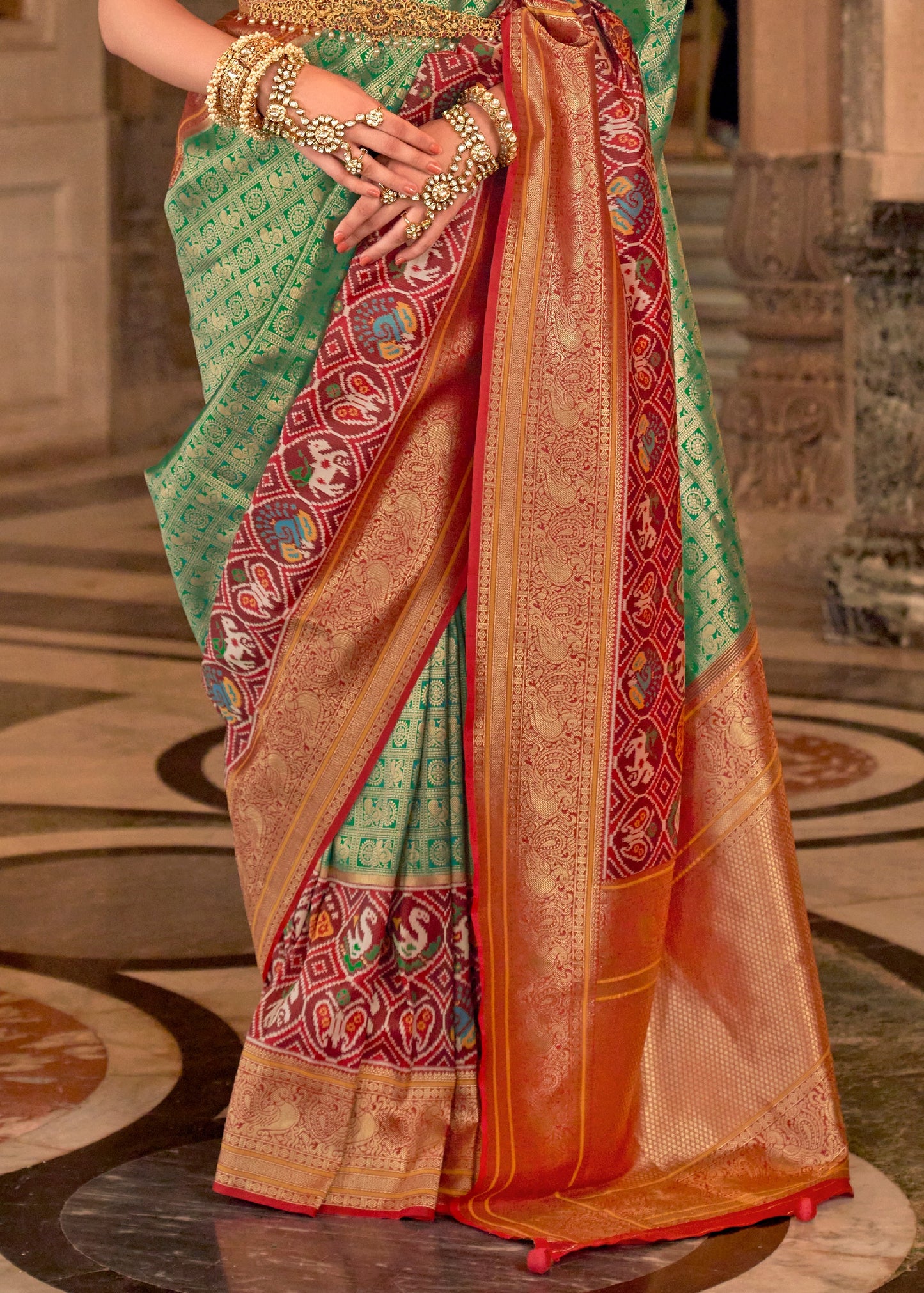 Kanjivaram Patola Fusion Emerald Green Handloom Silk Saree