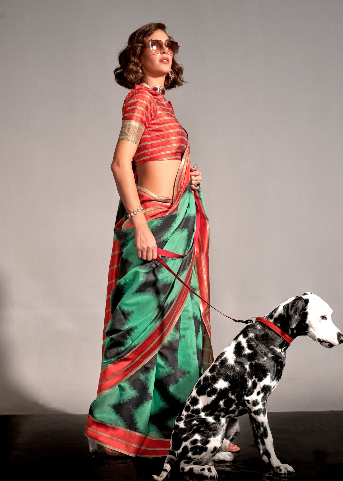 Light Green and Red Cotton Silk Handloom Saree