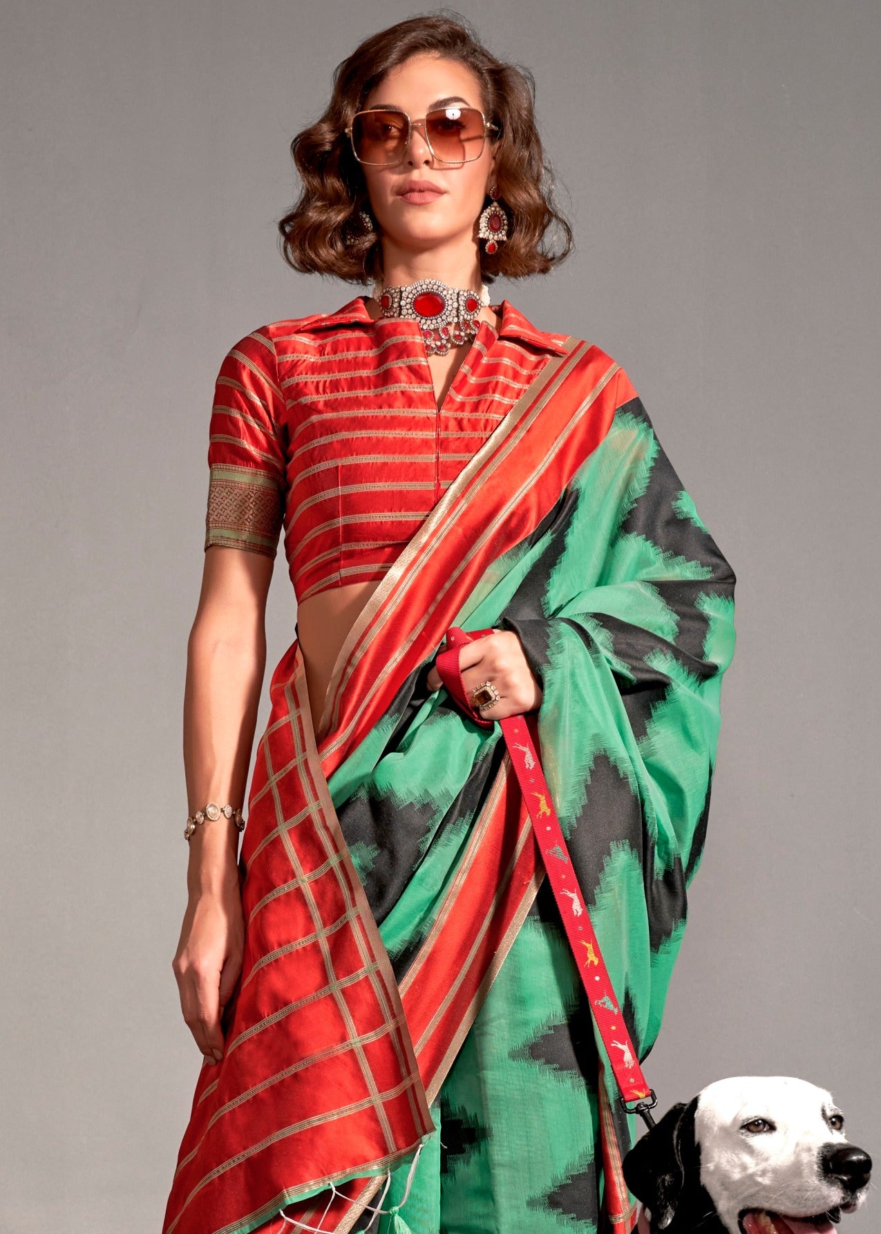 Light Green and Red Cotton Silk Handloom Saree