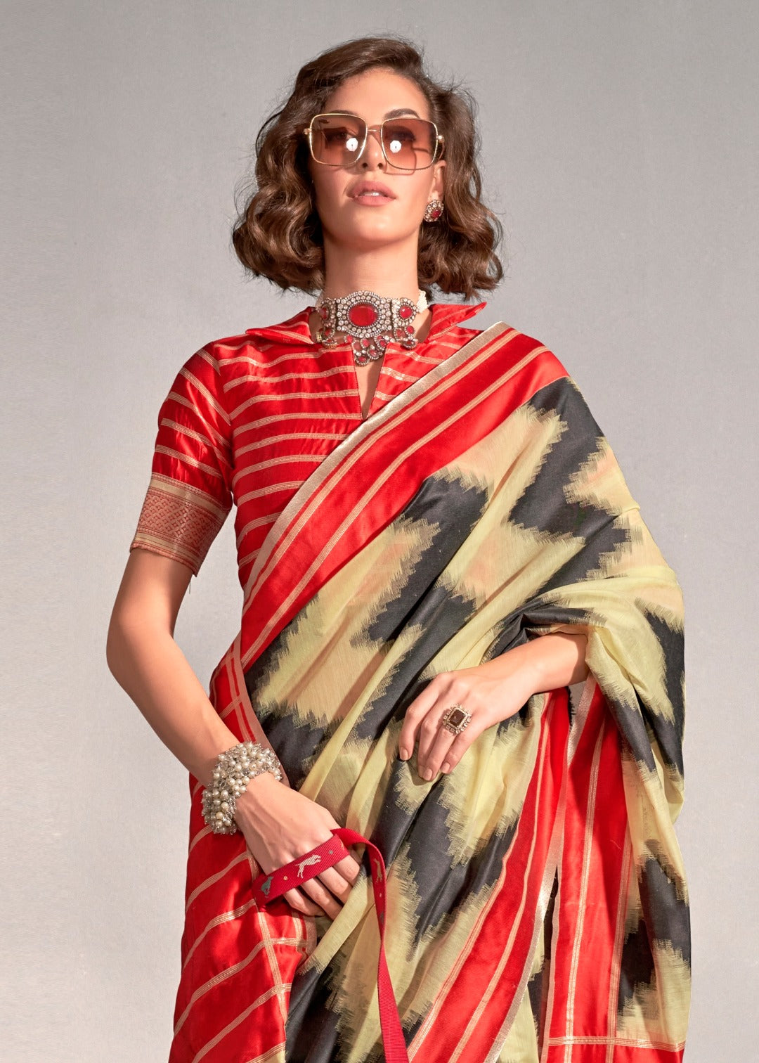 Yellow and Red Cotton Silk Handloom Saree