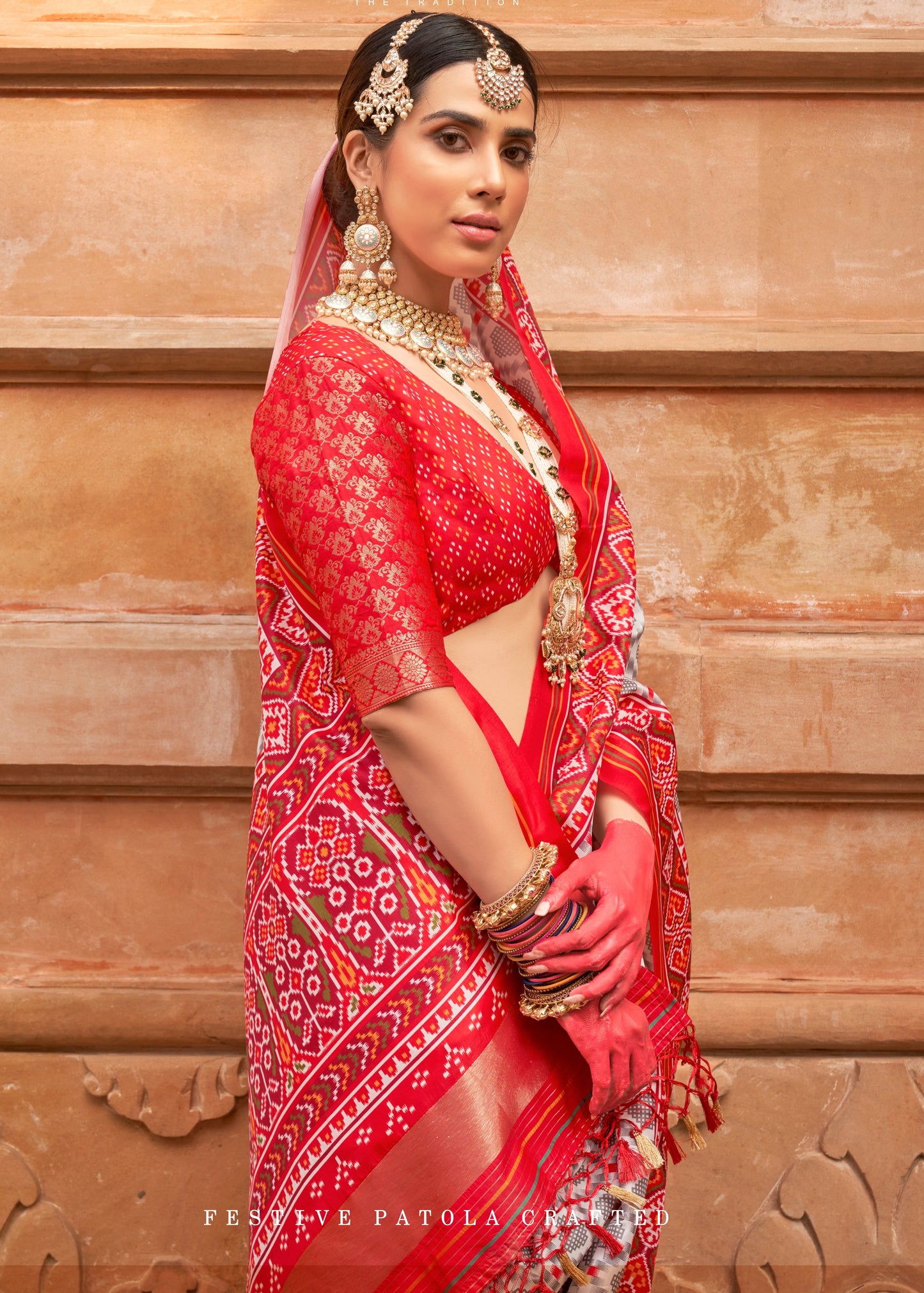Light Grey and Red Patola Silk Saree
