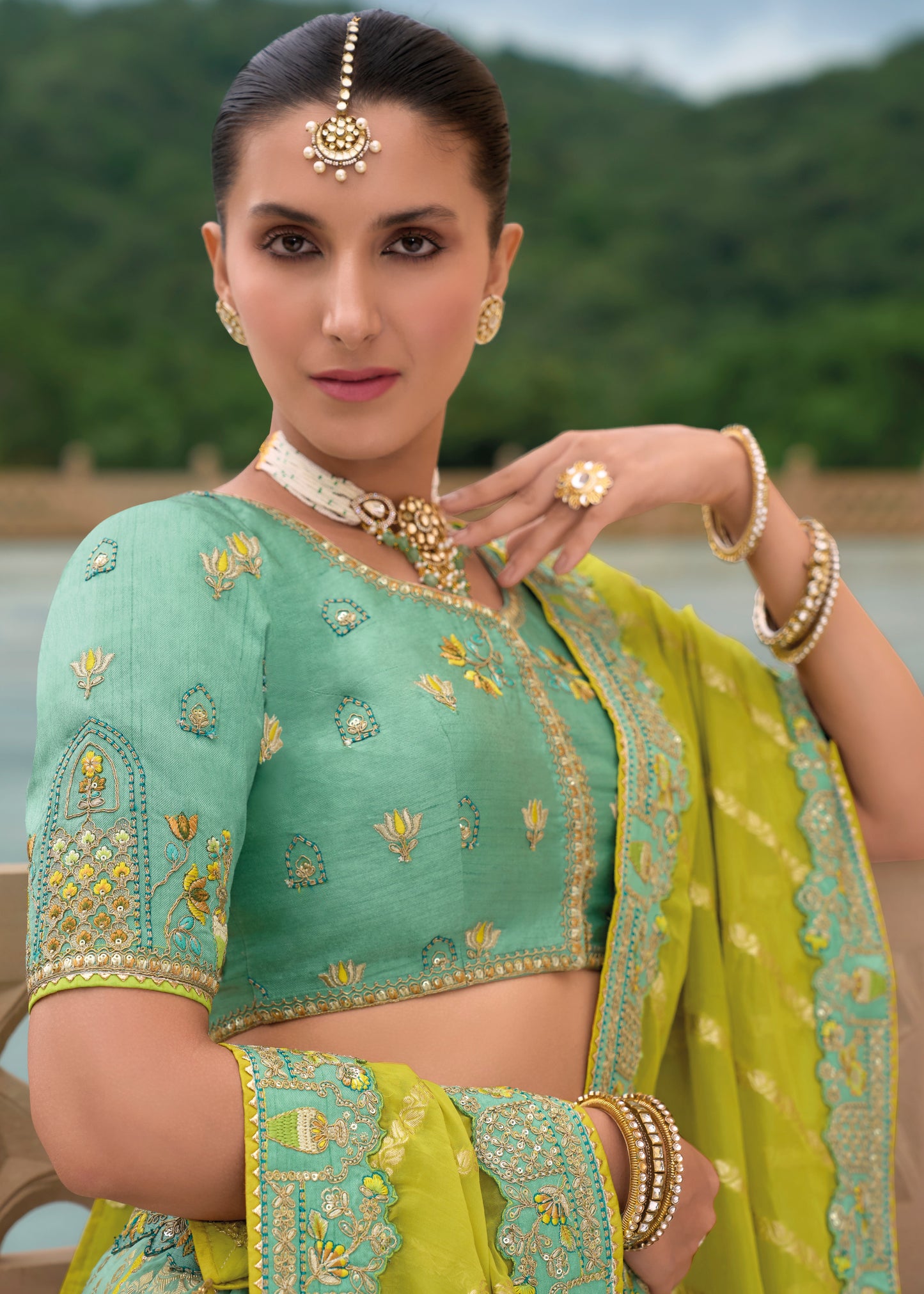 Pastel Blue and Lime Green Banarasi Silk Lehenga Choli