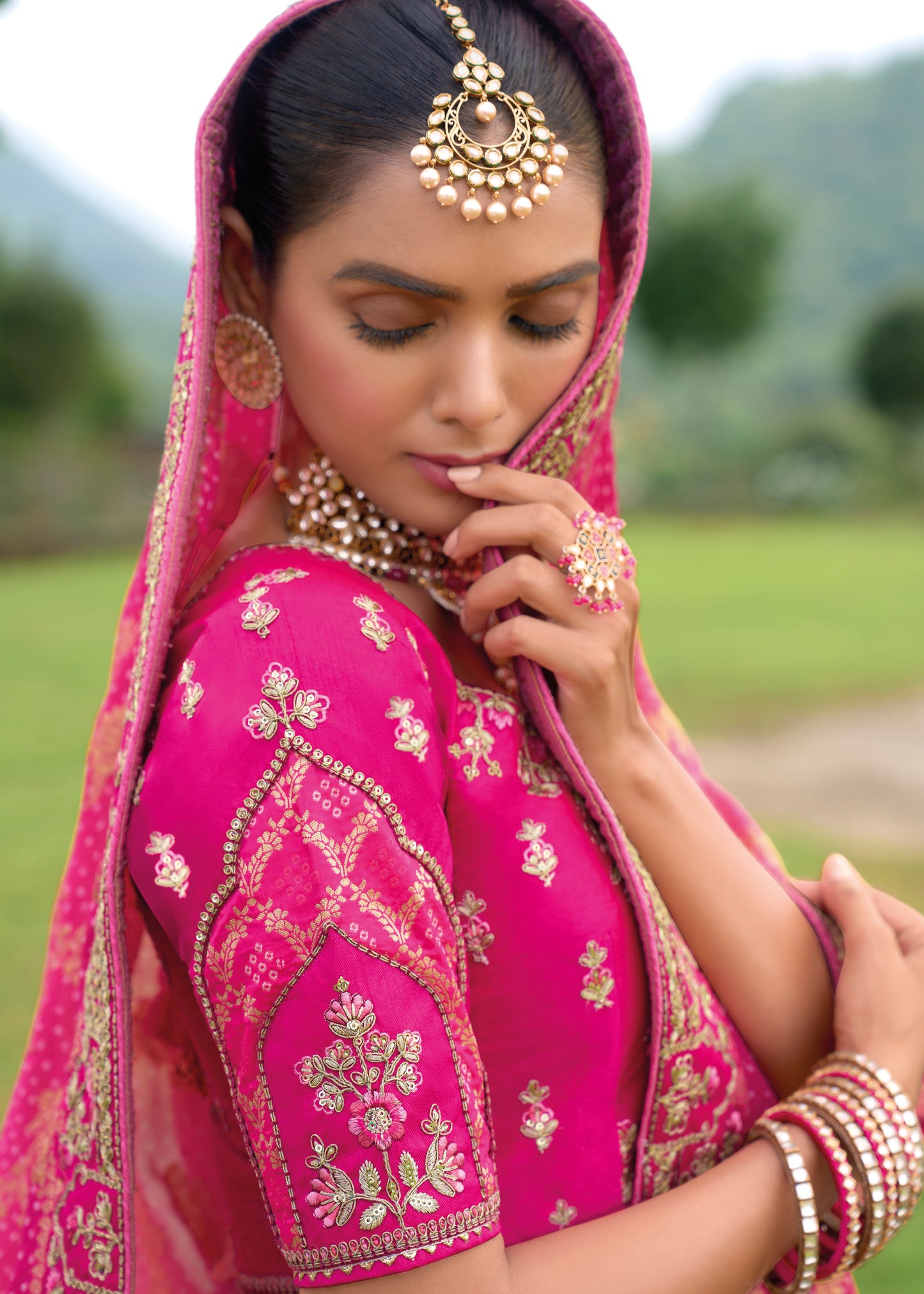 Hot Pink Designer Bandhani Silk Lehenga Choli