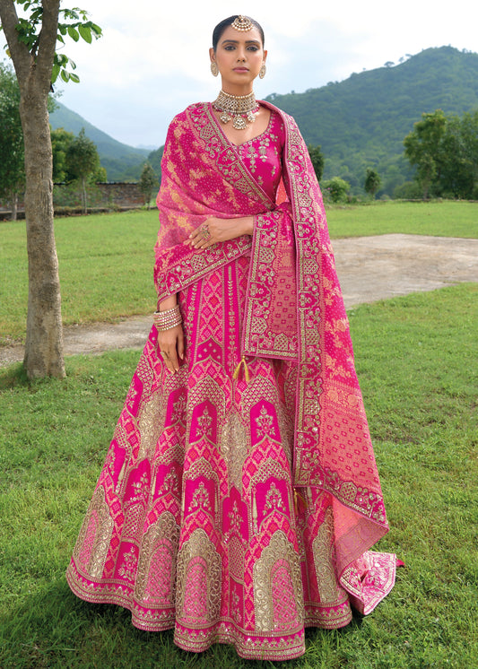 Hot Pink Designer Bandhani Silk Lehenga Choli