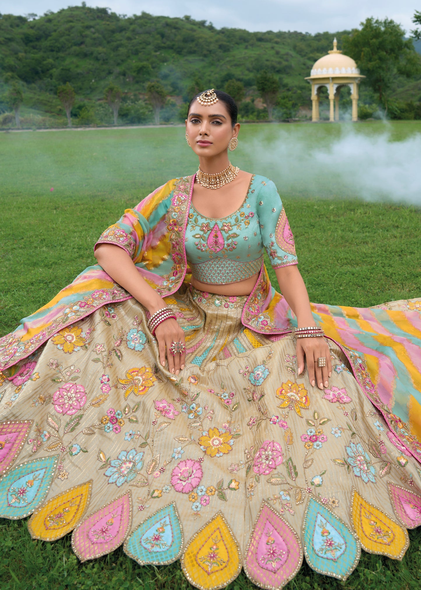Cream and Blue Bridesmaid Designer Lehenga Choli
