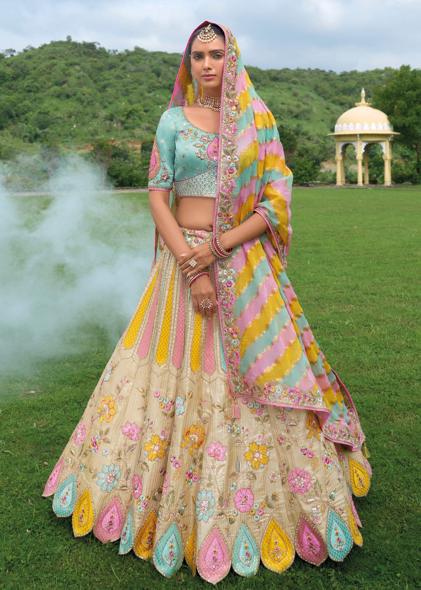 Cream and Blue Bridesmaid Designer Lehenga Choli