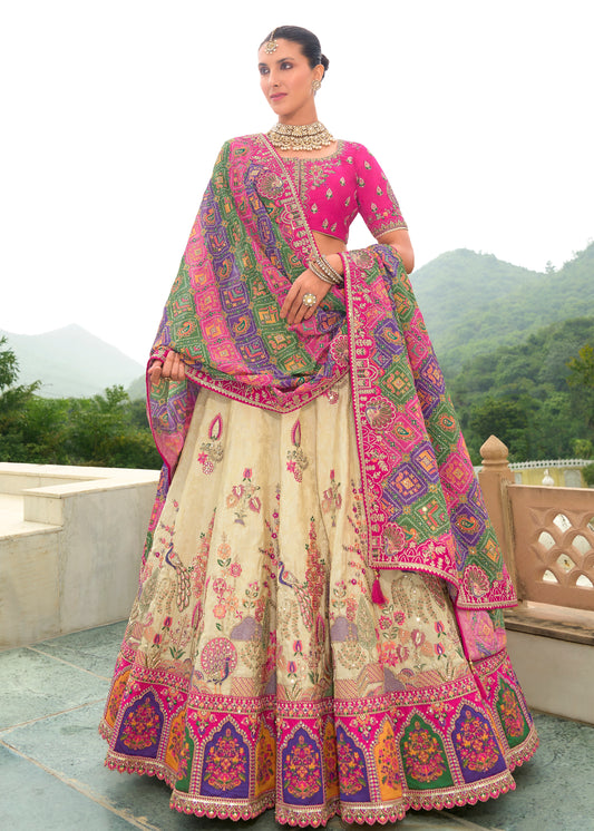 Cream and Pink Designer Silk Lehenga Choli