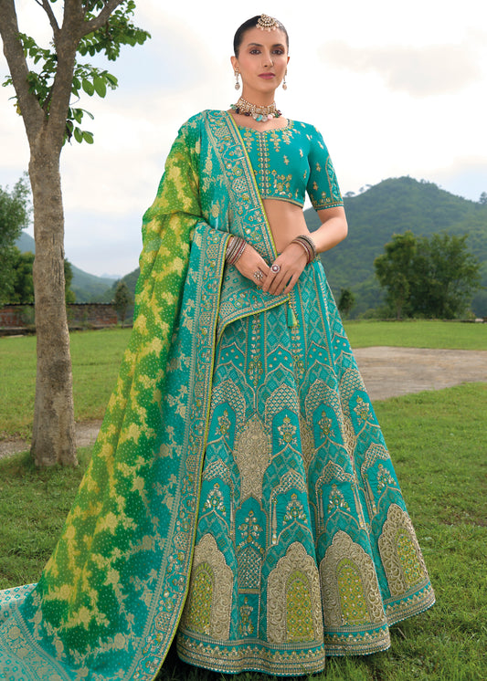 Blue and Green Designer Bandhani Silk Lehenga Choli