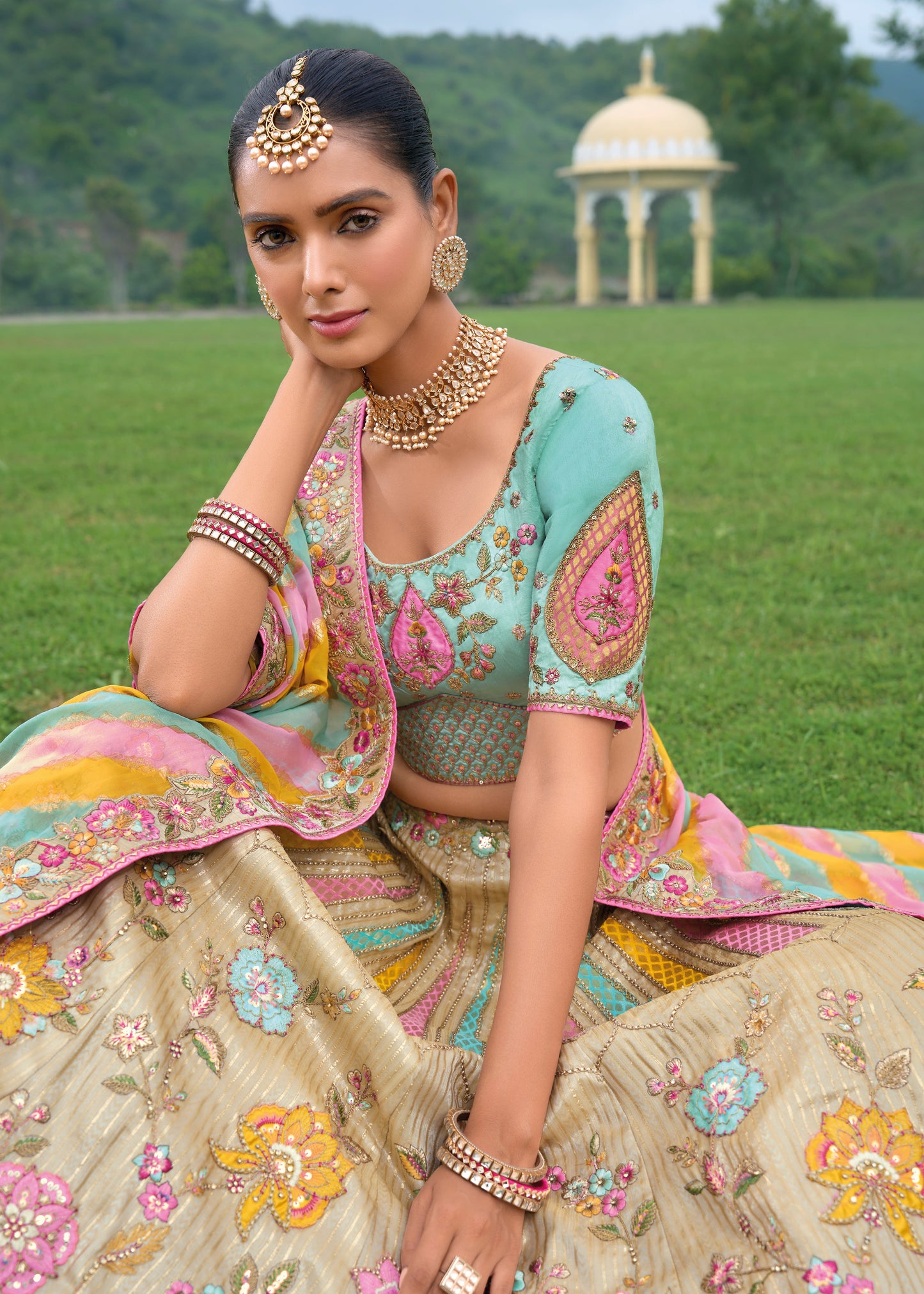 Cream and Blue Bridesmaid Designer Lehenga Choli
