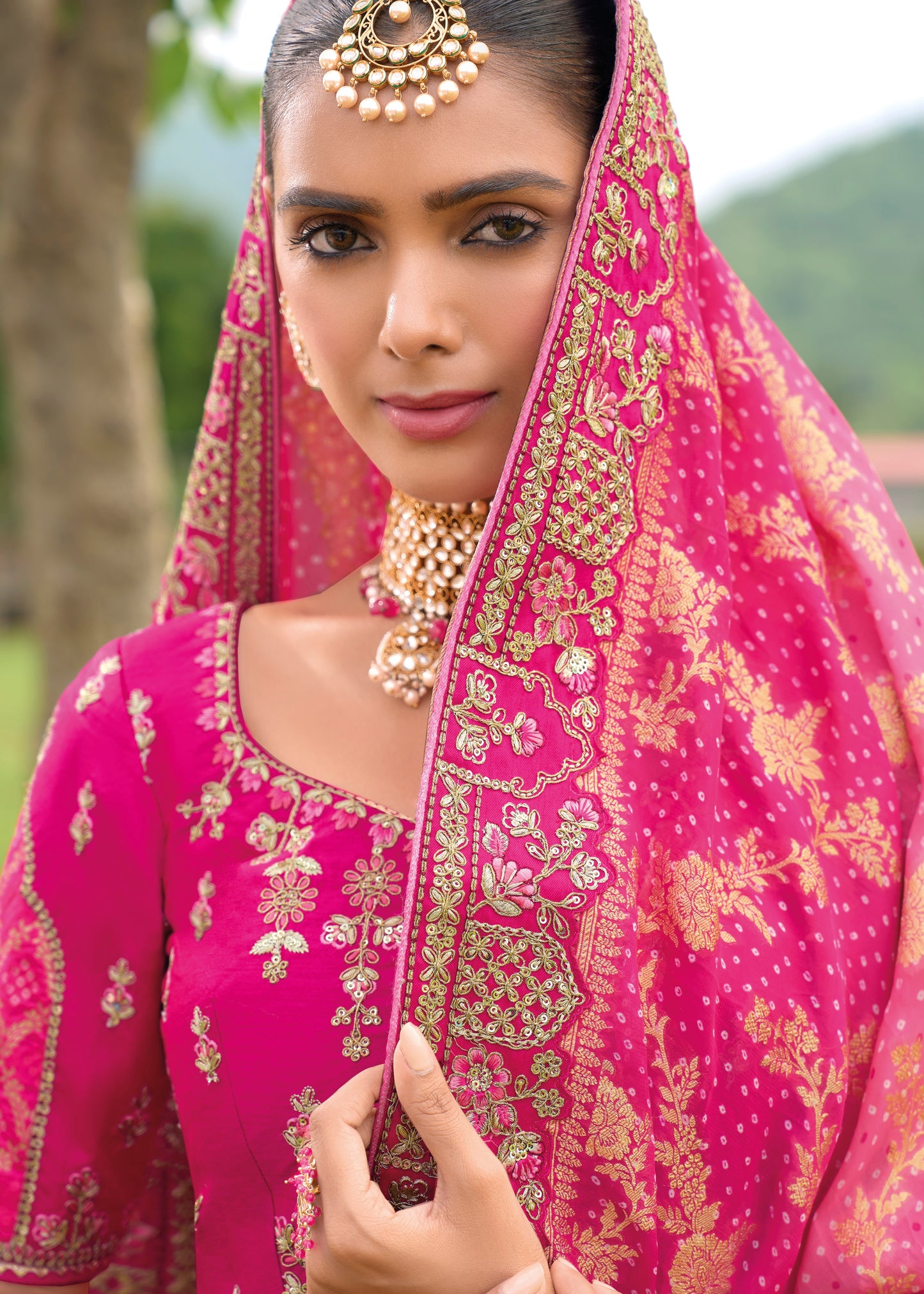 Hot Pink Designer Bandhani Silk Lehenga Choli