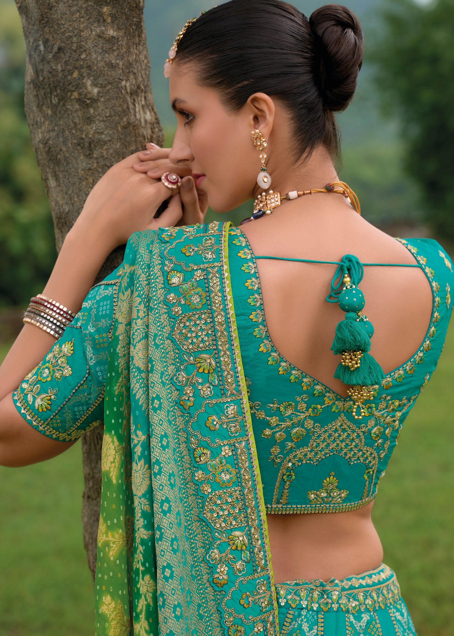 Blue and Green Designer Bandhani Silk Lehenga Choli