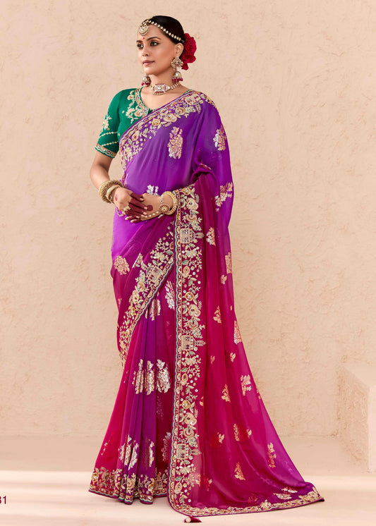 Soft Silk Pink and Purple Ombre Saree with Embroidery