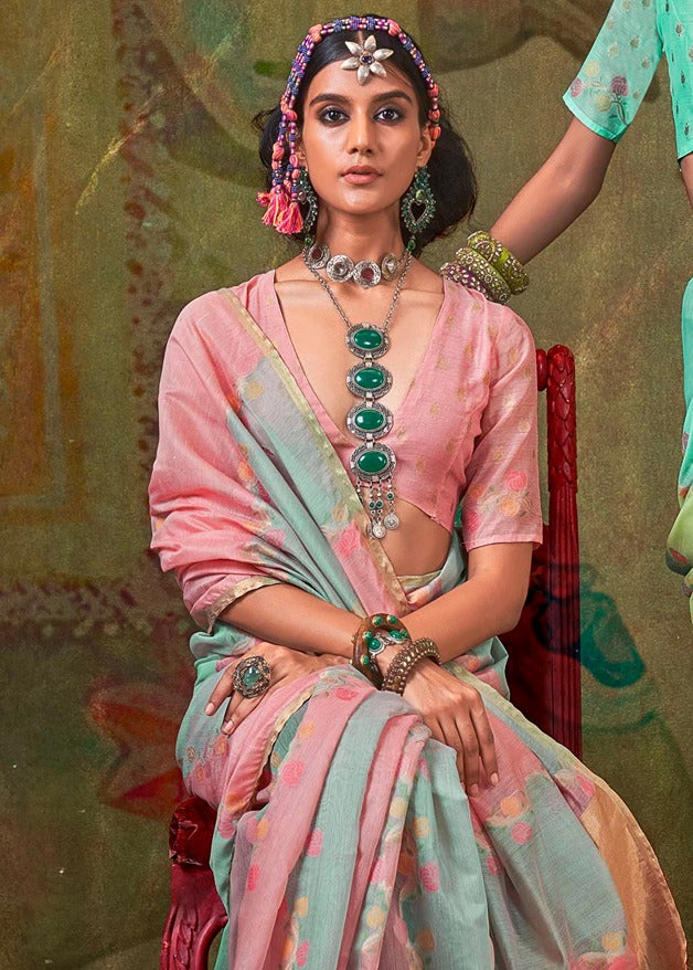 Pastel Pink and Blue Handwoven Cotton Silk Saree
