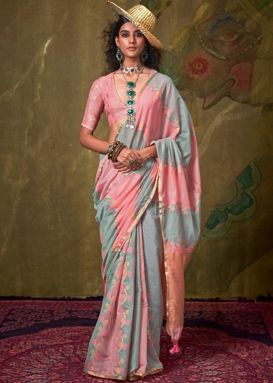 Pastel Pink and Blue Handwoven Cotton Silk Saree