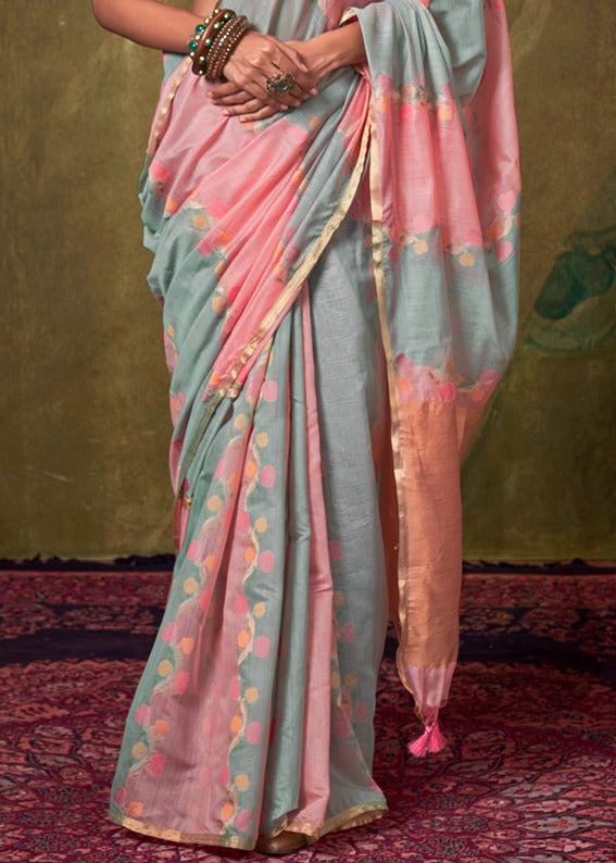 Pastel Pink and Blue Handwoven Cotton Silk Saree