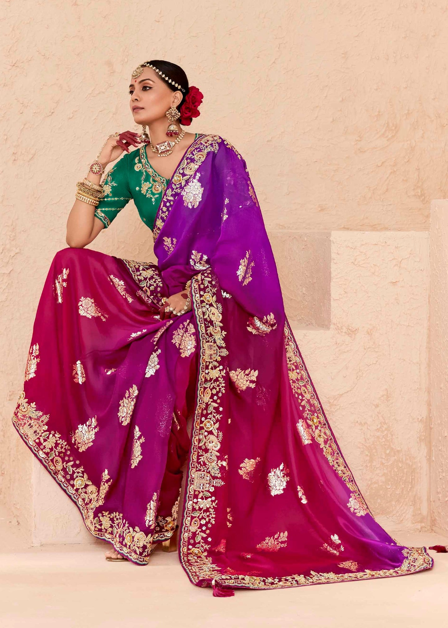Soft Silk Pink and Purple Ombre Saree with Embroidery