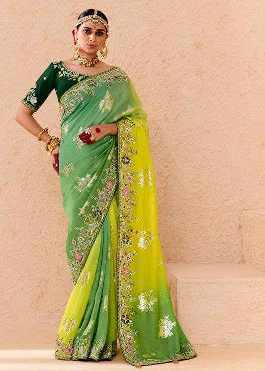 Soft Silk Green and Yellow Ombre Saree with Embroidery