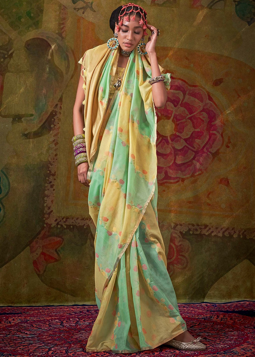 Green and Lime Yellow Handwoven Cotton Silk Saree