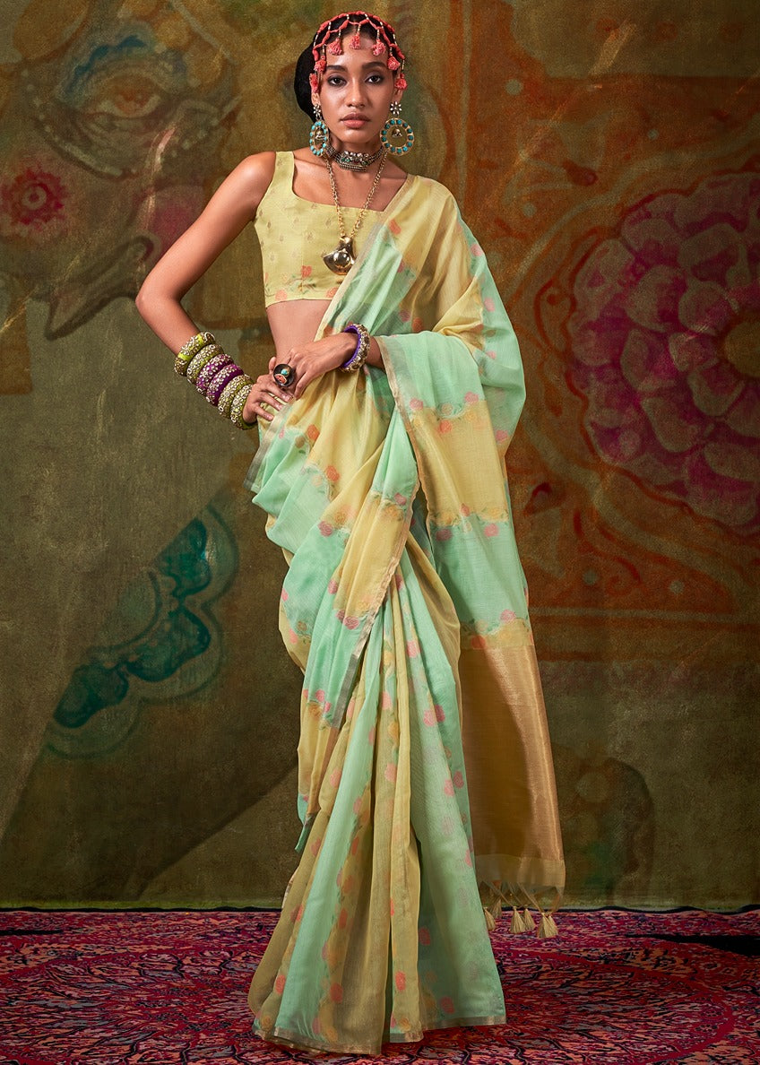 Green and Lime Yellow Handwoven Cotton Silk Saree