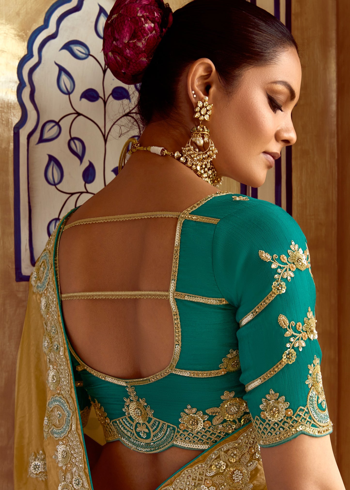 Golden Organza Tissue Silk Embroidered Saree With Contrast Blue Blouse